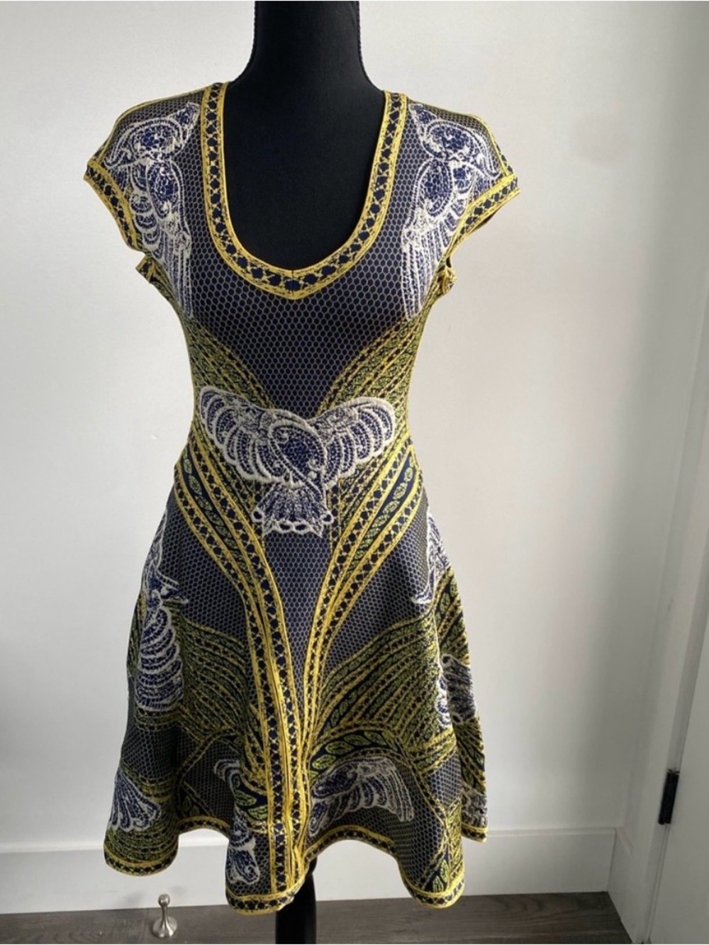 Herve Leger Blue and Yellow Patterned Fit-and-Flare Dress